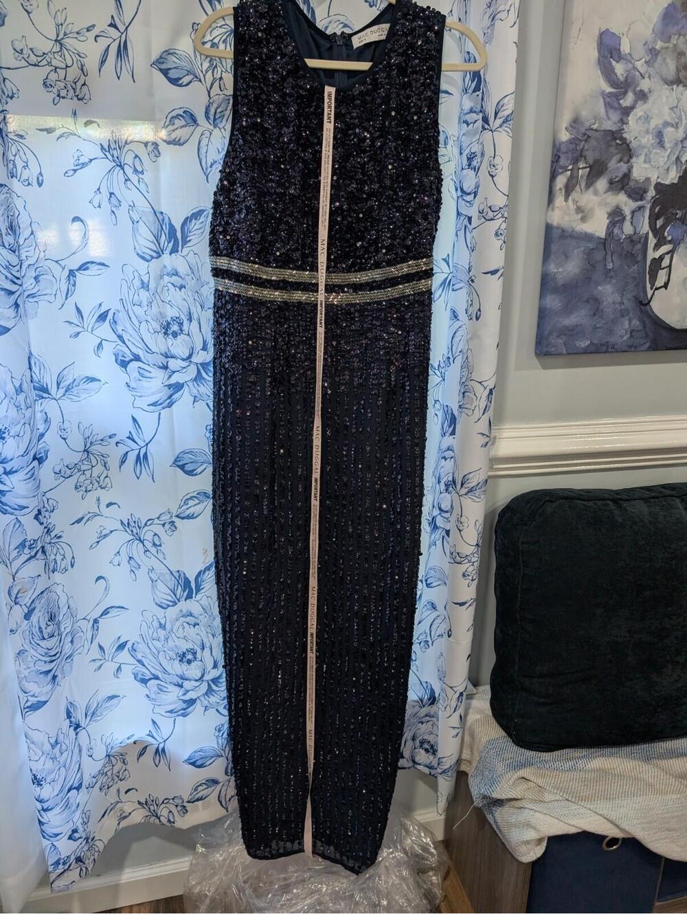 NWT Mac Duggal Navy Sequined High Neck Sleeveless Column Gown Size 12 93603
